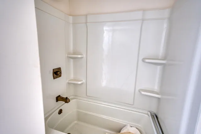 a bathroom with a bathtub and a shower