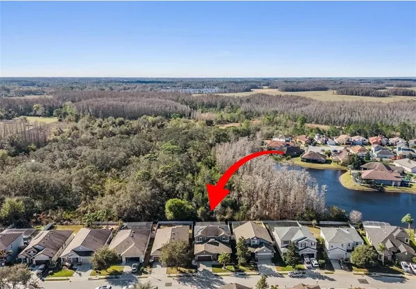 an aerial view of a houses with a swimming pool