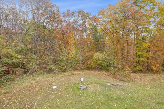 a bathroom with a small yard