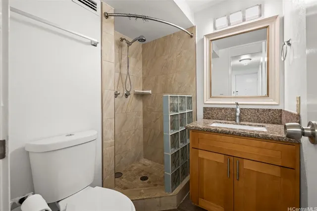 a bathroom with a granite countertop sink toilet and shower