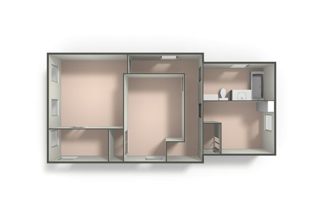 a room with a bench and cabinets