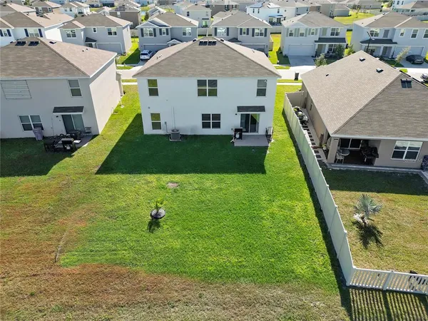 an aerial view of a houses with a outdoor space