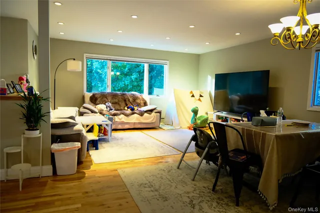 a view of a dining room with furniture