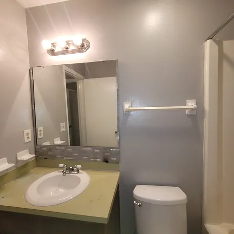 a bathroom with a sink toilet and mirror