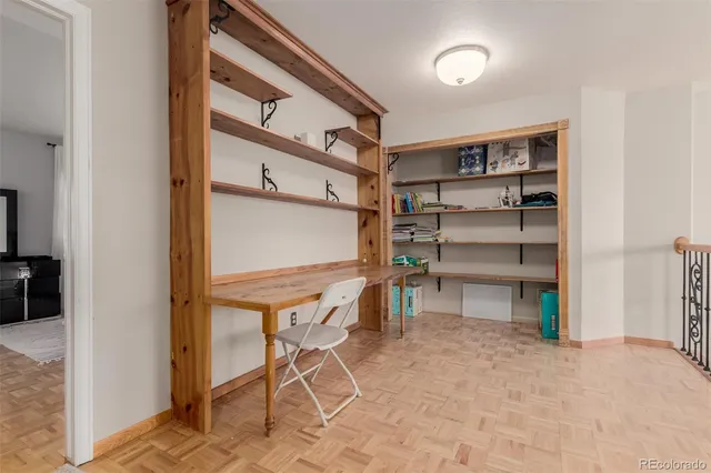 a view of a room with shelves