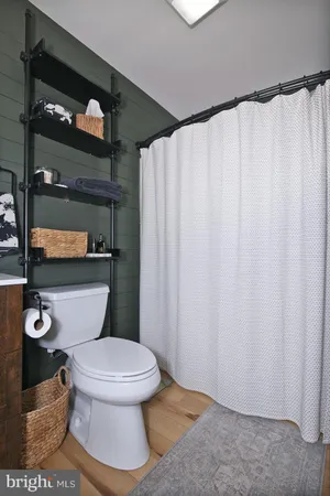 a white toilet sitting next to a shower curtain