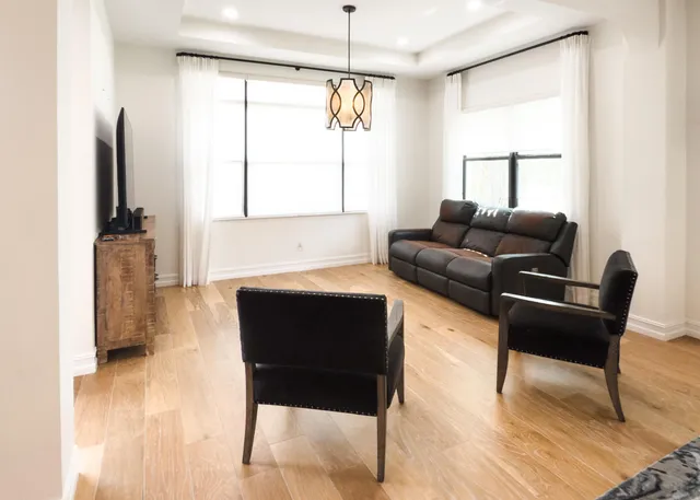 a view of a dining room with furniture