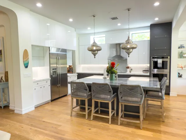 a view of a dining room with furniture
