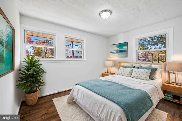 a bedroom with a large bed plant and a window