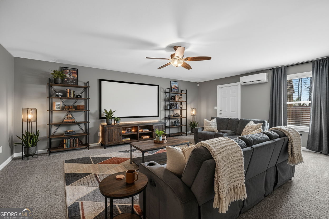 805 Golden Bell Way Villa Rica, GA 30180 - Photo 34 of 51 a living room with furniture a chandelier and a flat screen tv