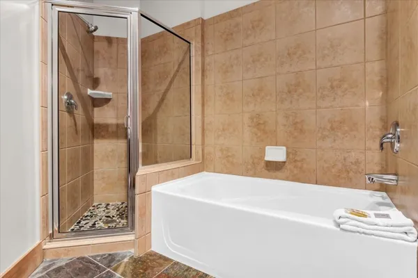 a bathroom with a bathtub and a shower