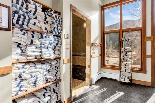 a view of a lake with a patio