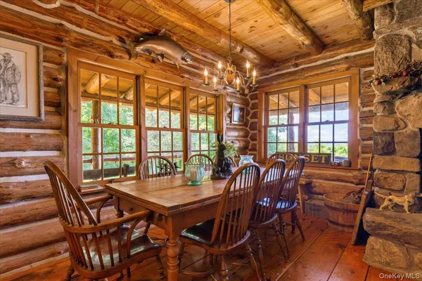 a view of a dining room with furniture window and outside view