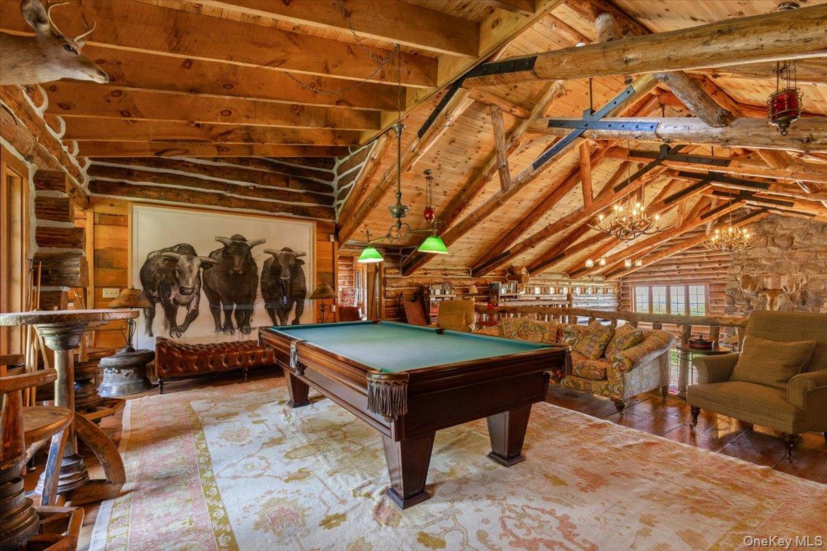 367 Prospect Hill Road Ancramdale, NY 12503 - Photo 24 of 50 Playroom featuring billiards, a chandelier, and wooden ceiling
