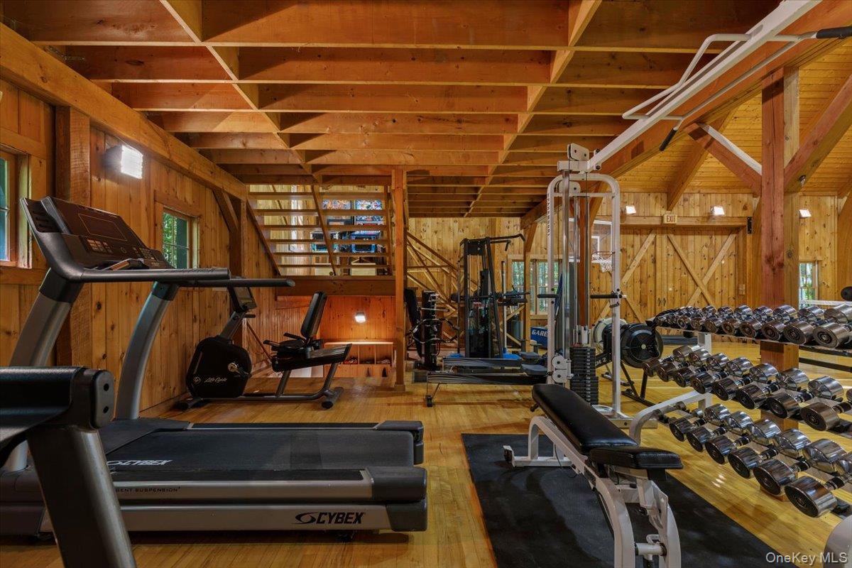 367 Prospect Hill Road Ancramdale, NY 12503 - Photo 36 of 50 Workout area with wooden walls, hardwood / wood-style floors, and plenty of natural light