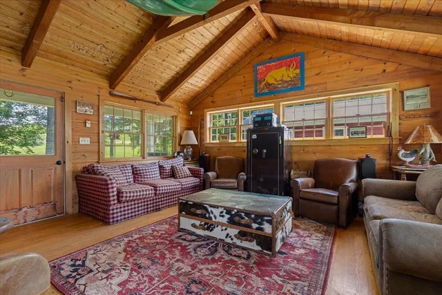 an aerial view of a house with a garden