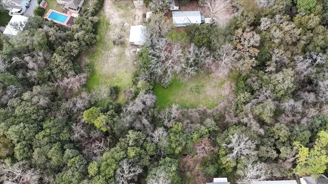 a view of a lake with large trees
