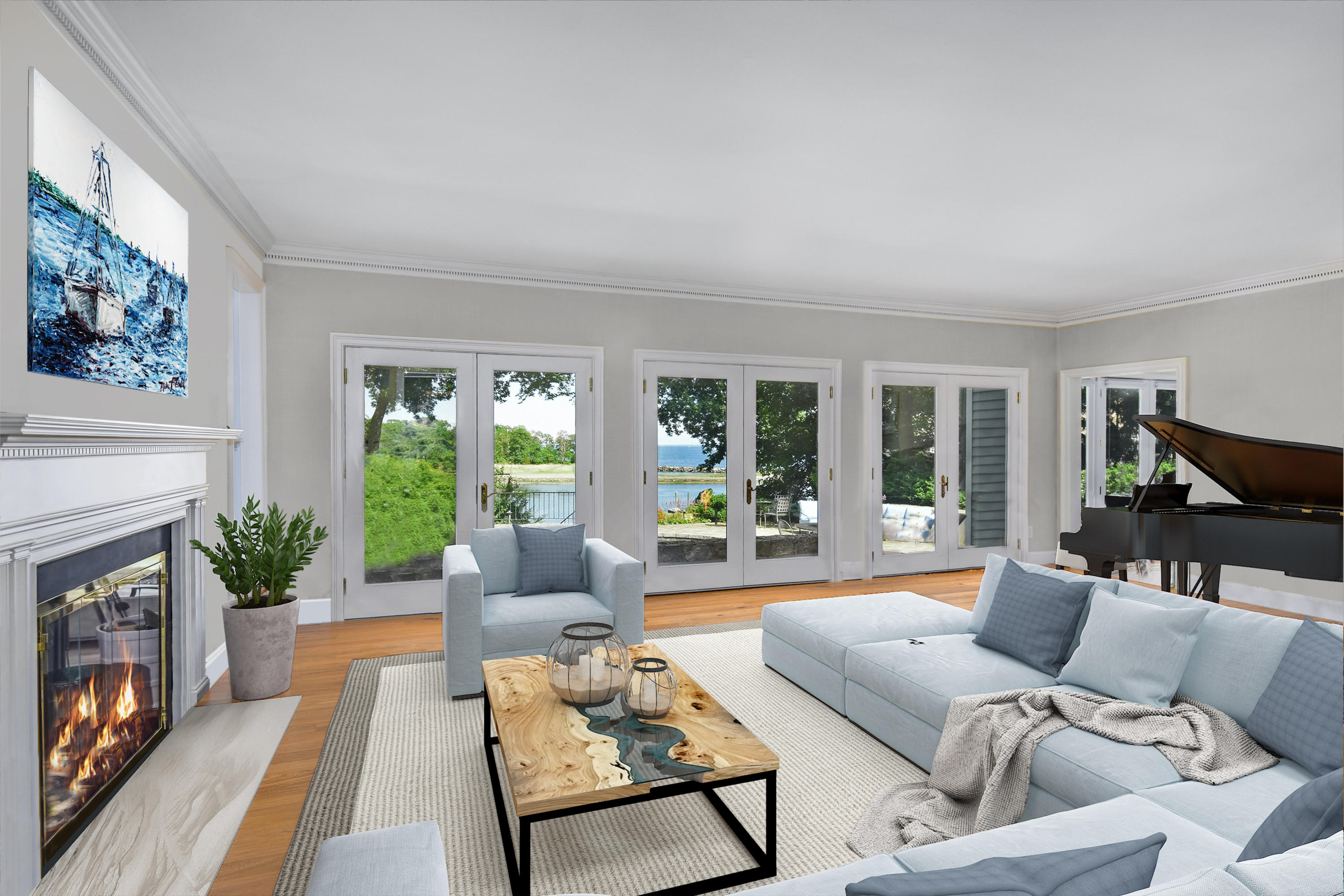 123 Long Neck Point Road Darien, CT 06820 - Photo 7 of 41 a living room with furniture and a fireplace