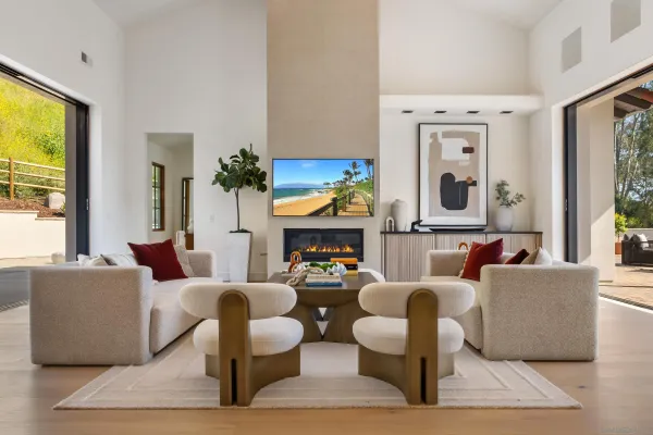 a living room with fireplace furniture and a flat screen tv