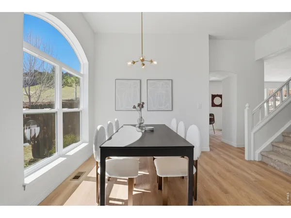 a view of a dining room with furniture window and wooden floor
