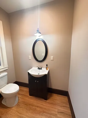 a bathroom with a toilet mirror vanity and a sink
