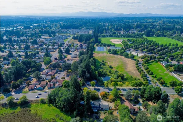 an aerial view of residential houses with outdoor space and trees