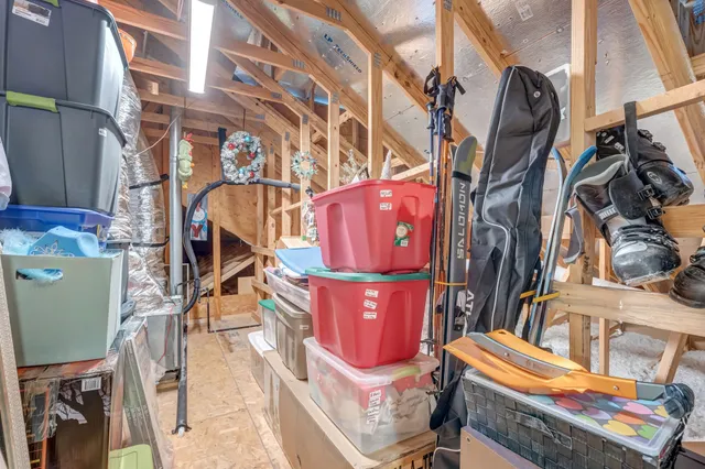 a view of a patio with plants and large trees