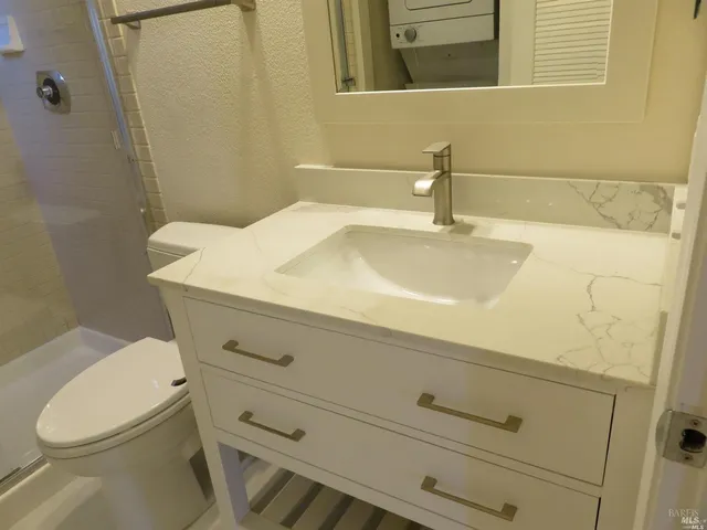 a bathroom with a sink a toilet and mirror