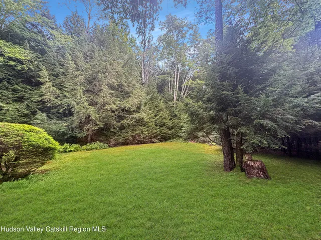 a view of a house with a yard and large trees