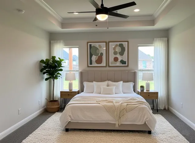 a bedroom with a bed and a potted plant
