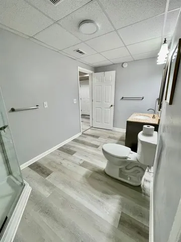 a view of a yard with a large tree