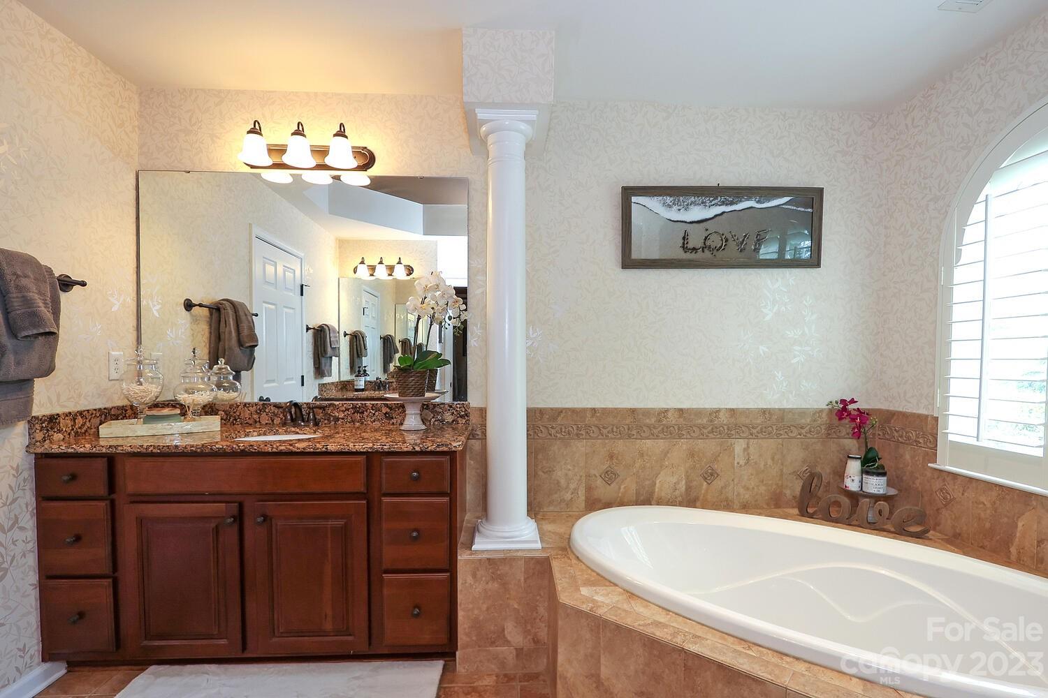 209 Fischer Road Fort Mill, SC 29715 - Photo 23 of 36 a bathroom with a tub a double vanity sink and a mirror