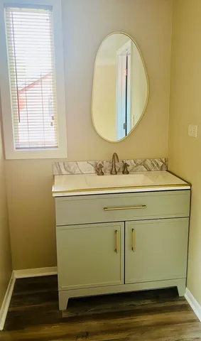 a bathroom with a sink and a mirror