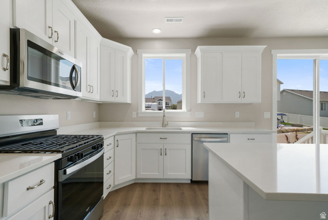 175 West 930 North Santaquin, UT 84655 - Photo 8 of 22 Modern kitchen featuring white shaker cabinetry, stainless steel appliances, light-toned countertops, and wood-finish flooring