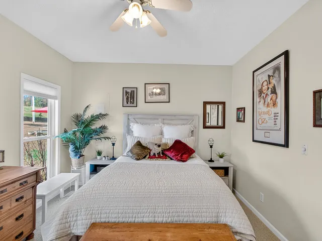 a view of a lake with houses in back