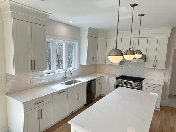a kitchen with a sink a counter space appliances and cabinets