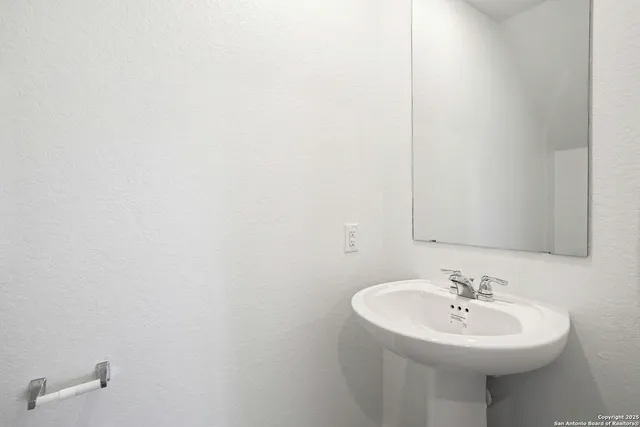 a bathroom with a sink a mirror and a shower