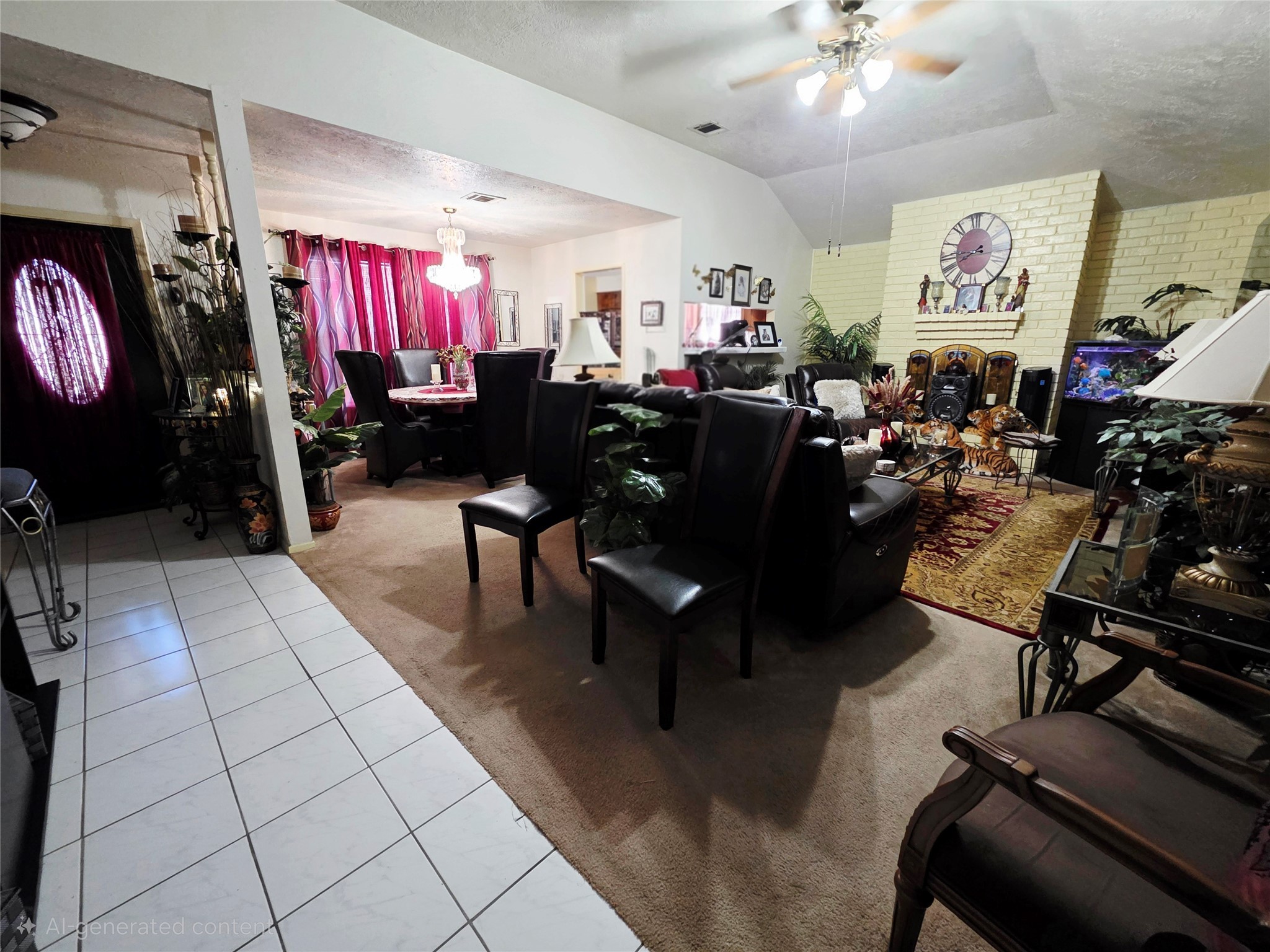 1323 Padstow Lane Channelview, TX 77530 - Photo 4 of 11 This photo shows a cozy, open living and dining space with a high ceiling, featuring a mix of tile and carpet flooring.