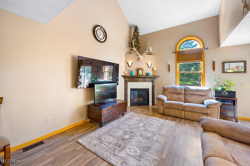 1035 Parsons Road Grafton, OH 44044 - Photo 4 of 25 Living room featuring a textured ceiling, a tile fireplace, wood-type flooring, and high vaulted ceiling