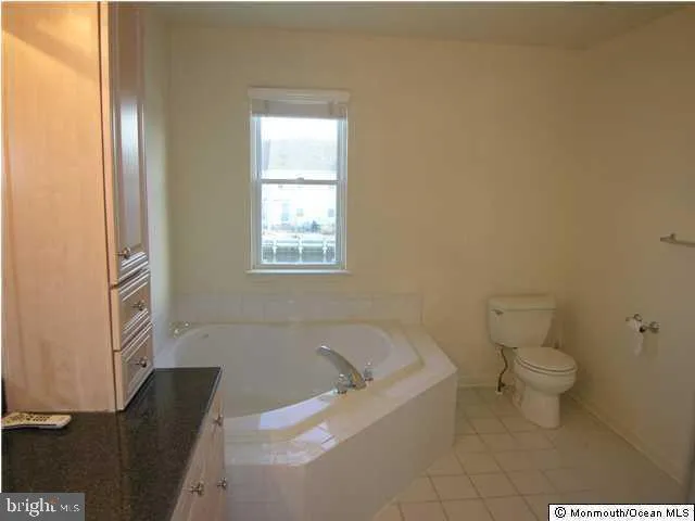 a bathroom with a bathtub and a toilet