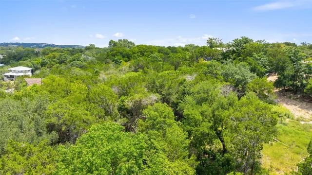 an aerial view of residential houses with outdoor space and trees all around