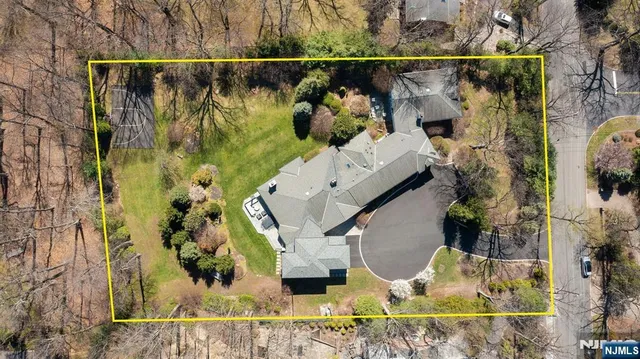 a aerial view of a house with swimming pool and large trees