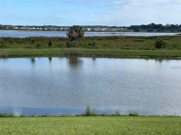 a view of a lake with houses in the background