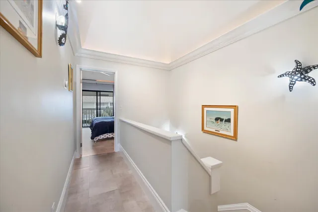 a hallway with a white walls and a potted plant