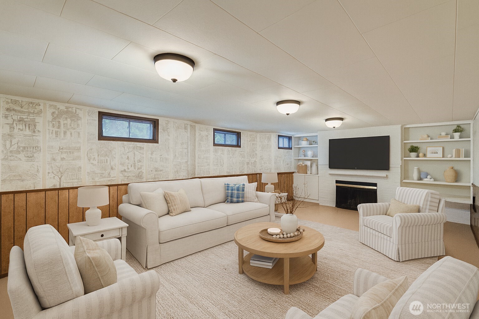 3706 84th Avenue Southeast Mercer Island, WA 98040 - Photo 27 of 38 a living room with furniture a flat screen tv and a fireplace