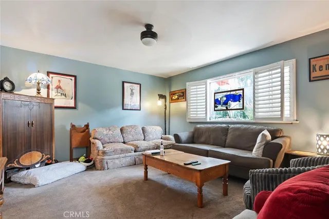 a living room with furniture a rug and a window