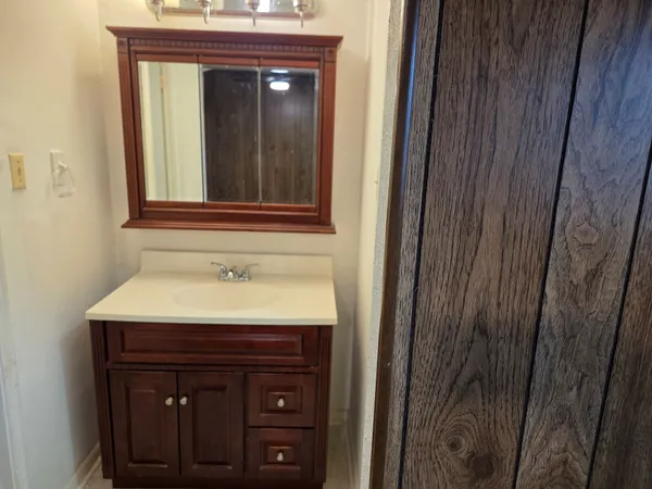 a bathroom with a sink and a mirror