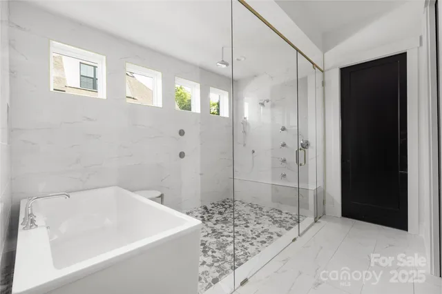 a bathroom with a bathtub and a shower