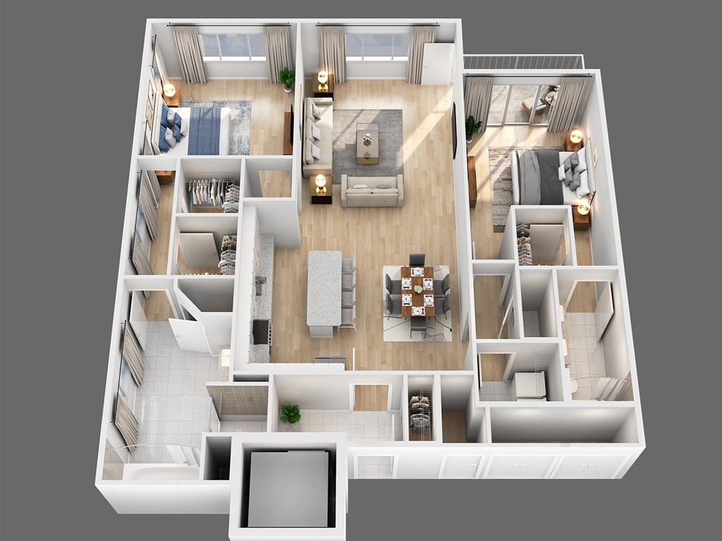 a living room with furniture and a floor to ceiling window