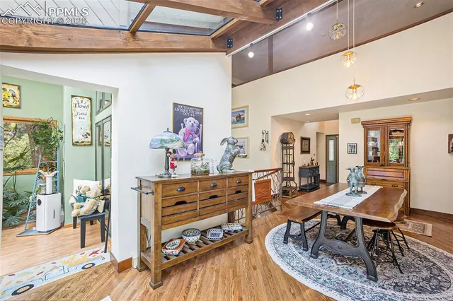 a view of a dining room with furniture
